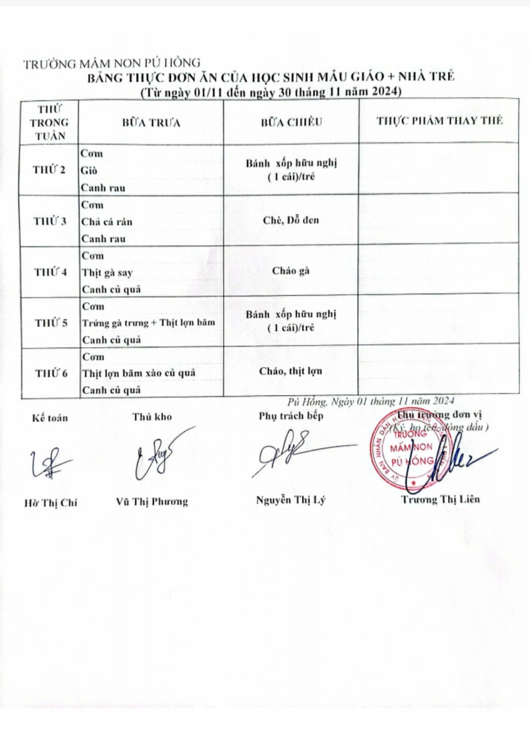 Trường MN Pú Hồng công khai thực đơn tháng 11